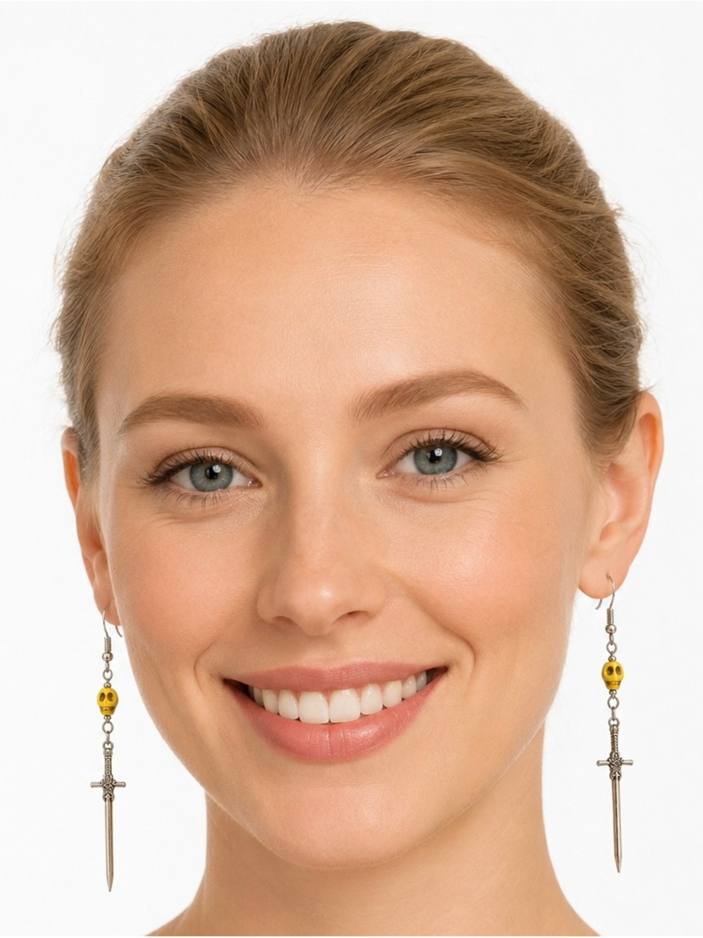 Silver Sword Drop Earrings with Mini Yellow Skulls